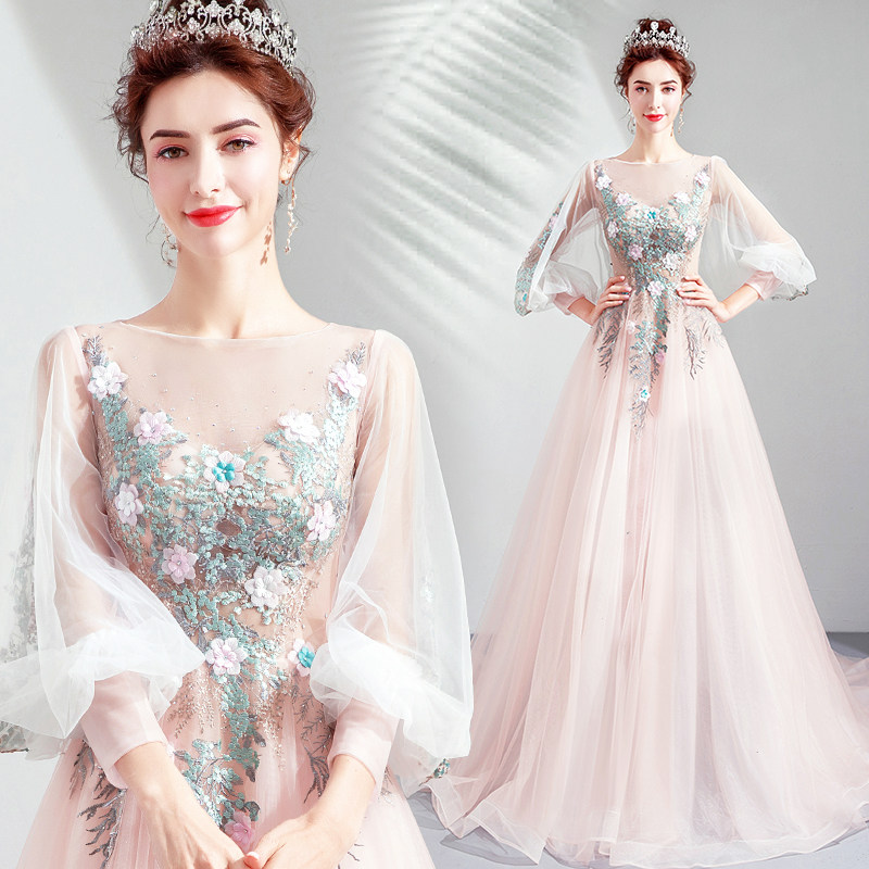 速发晚系超仙 粉色新娘长袖敬服服婚纱宴会年会走秀森礼酒2622Q