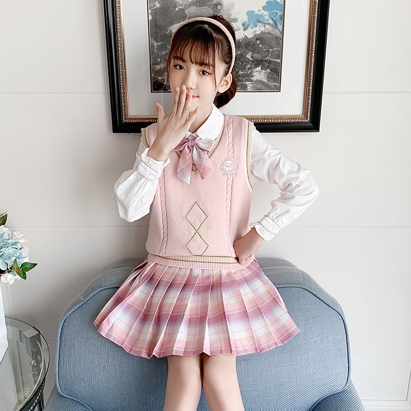 速发生7儿背Jk裙子生校服春小学生三件款新学院风6套童心皮草