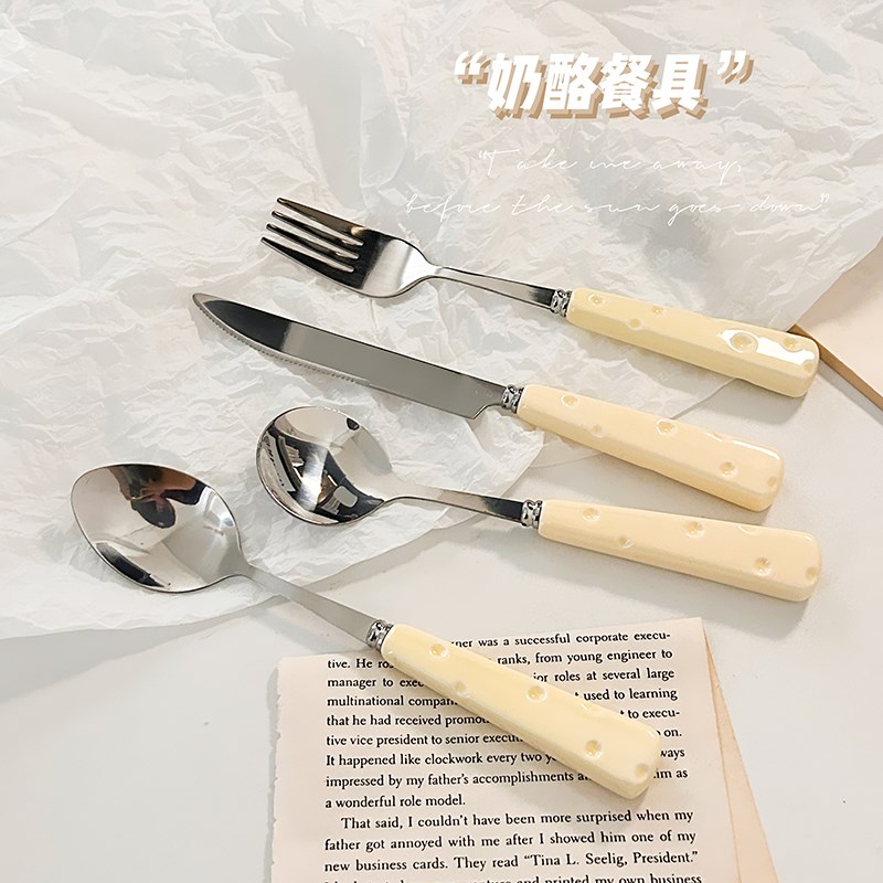 速发可爱奶不勺子叉子套装具颜值酪锈钢餐高生家用陶瓷柄吃饭西餐