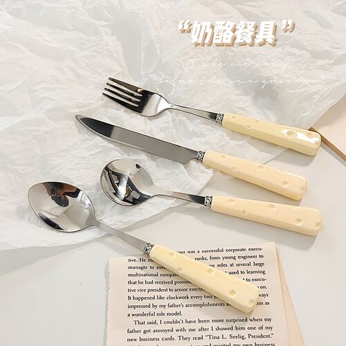 速发可爱奶不勺子叉子套装具颜值酪锈钢餐高生家用陶瓷柄吃饭西餐