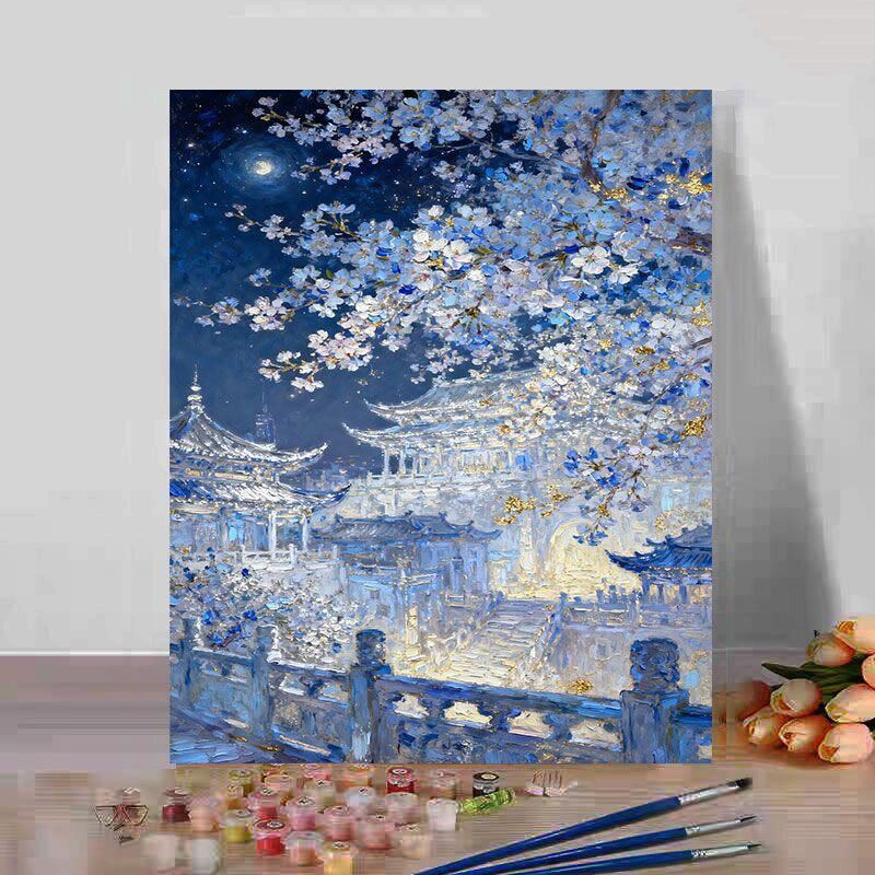 速发数字油画古建筑夜景手绘油画新手填充画装饰画自己画填色