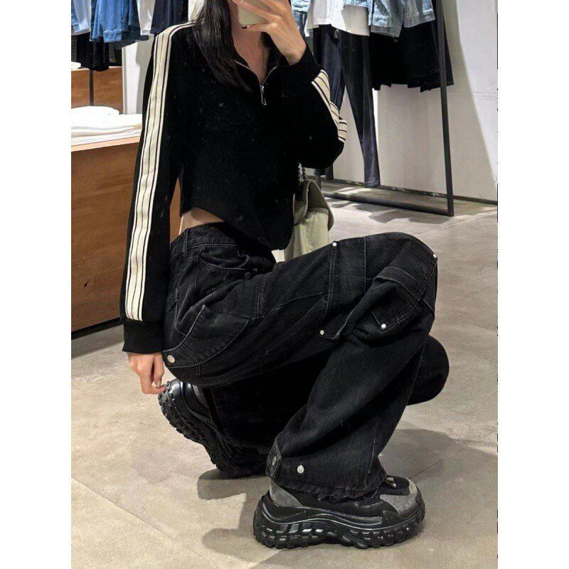 速发复古高街小众阔腿工装牛仔大黑色裤地设计感宽松直筒拖码裤子