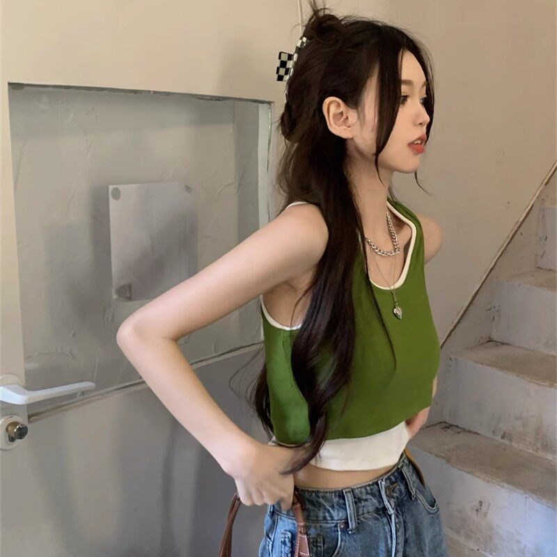 速发绿色假巴件吊带背心夏多两胺外穿甜辣妹泰式jaz设小众z计感上