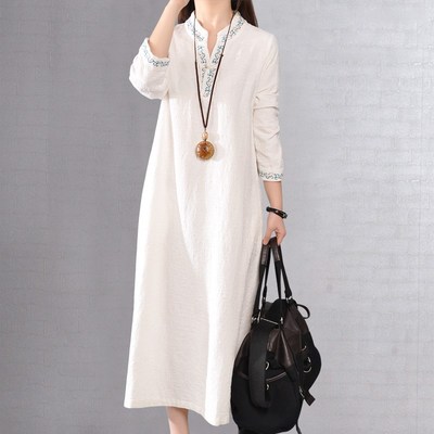 速发2022年春装民族衣棉麻连风袖复古刺绣亚麻长裙文艺大码长款裙