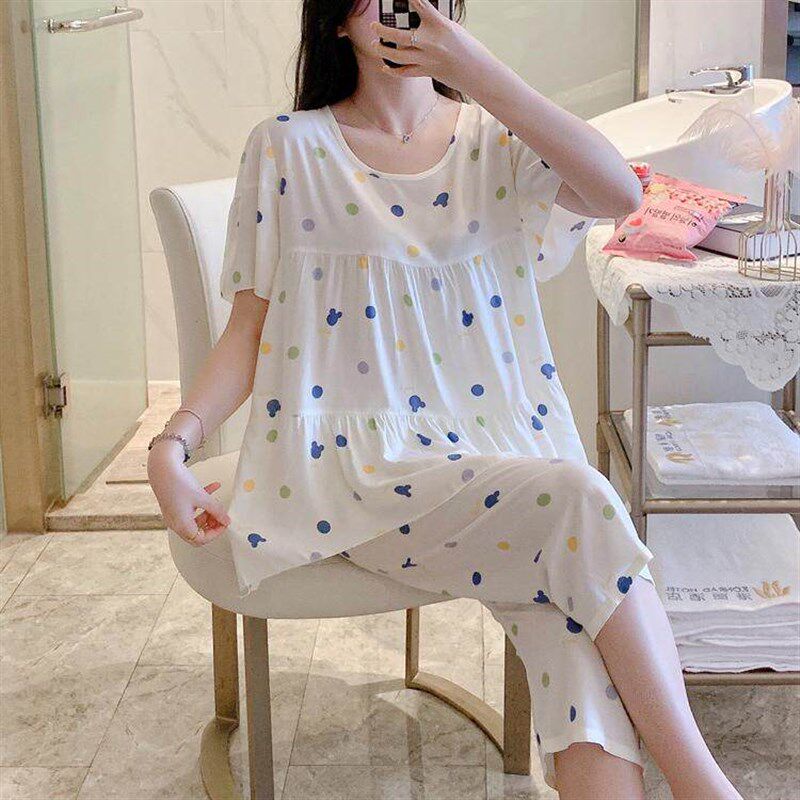 速发夏季棉绸睡衣学生人薄款大码中士套装可爱裤造棉家居服