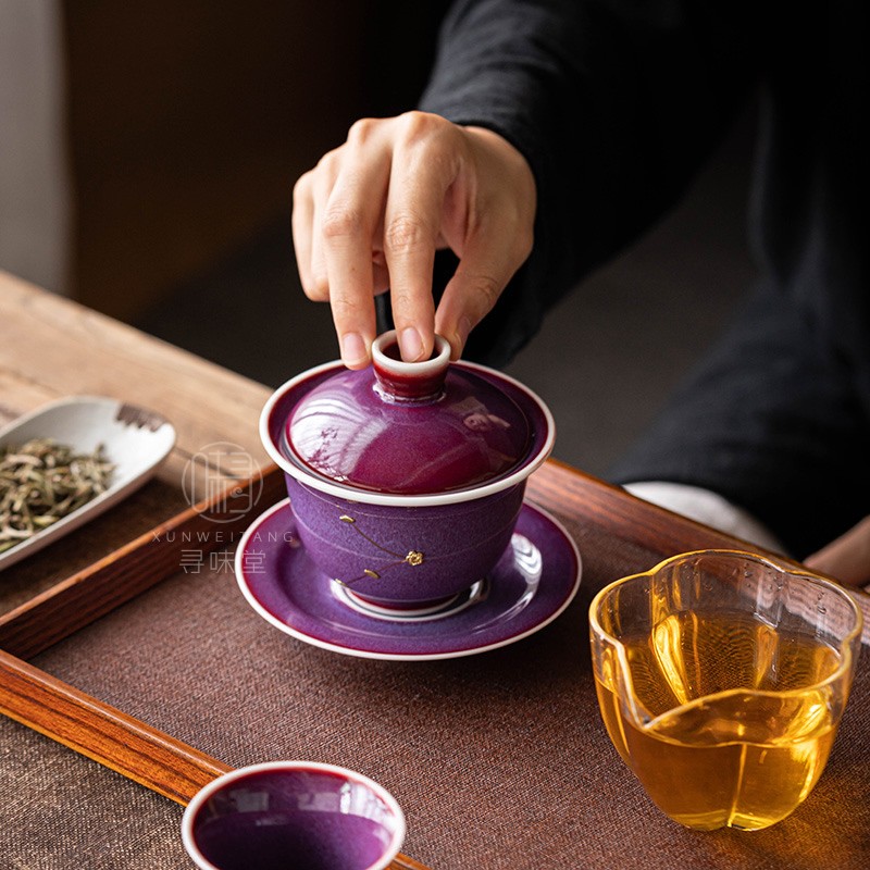 速发紫钧锔钉盖碗钧瓷三才碗锔瓷补丁复古钧窑中式功夫茶具茶碗