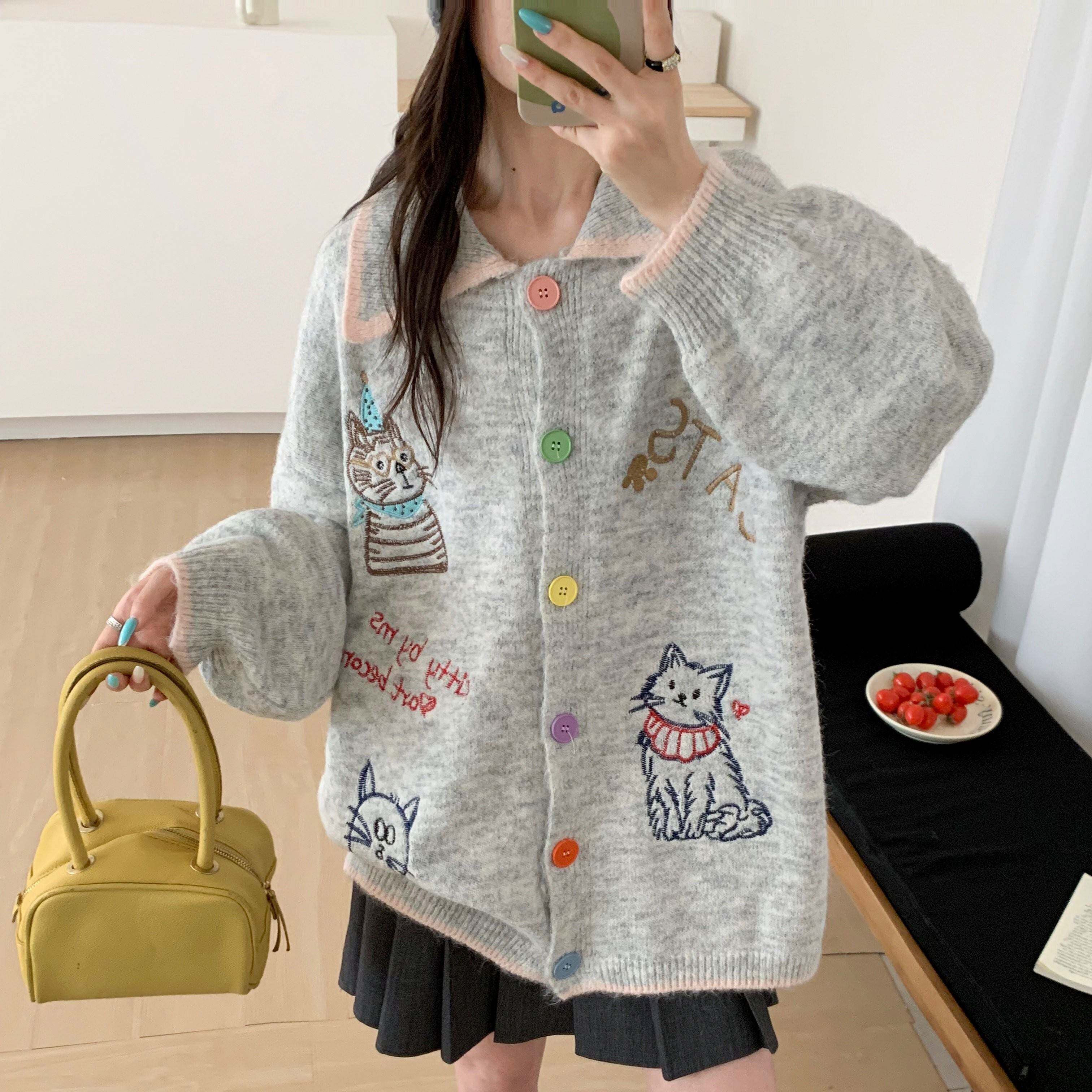 重工绣花小众设计感毛衣外套大码女装微胖mm宽松慵懒减龄针织开衫
