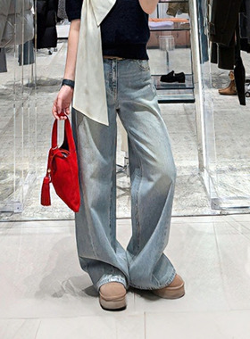 2026春季新品女装洗磨靛蓝中低腰阔腿裤侧缝前移牛仔裤MBF1JEN017