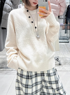 2026春新款圆领纽扣设计感假两件落肩宽松针织衫毛衣女MBF1SWT024