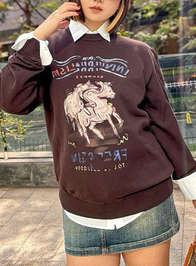 2026春款圆领复古马年字母印花休闲宽松百搭卫衣上衣女MBF1SWS005