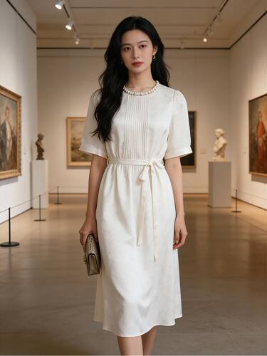 主图有尺码表【晓雯】法式连衣裙女珍珠圆领收腰系带F59-3312-