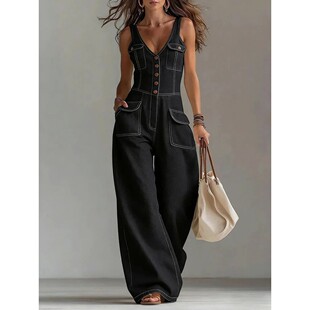 时尚无袖牛仔V领带口袋背带连体裤女士Sleeveless denim jumpsuit