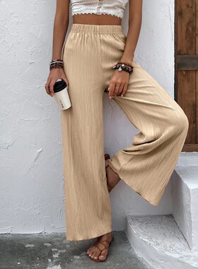 Women's elastic waist pleated wide leg pants松紧腰褶皱阔腿裤