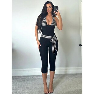 欧美V领拼接挂脖系带紧身连体裤V-neck spliced halter jumpsuit
