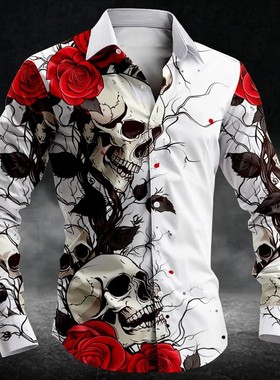 Skeleton print men's long sleeved shirt骷髅印花男士长袖衬衫