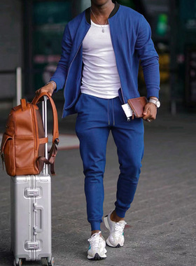 欧美纯色休闲户外运动两件套男