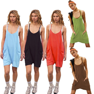 Pocket camisole jumpsuit女士纯色宽松口袋吊带针织连体背带短裤