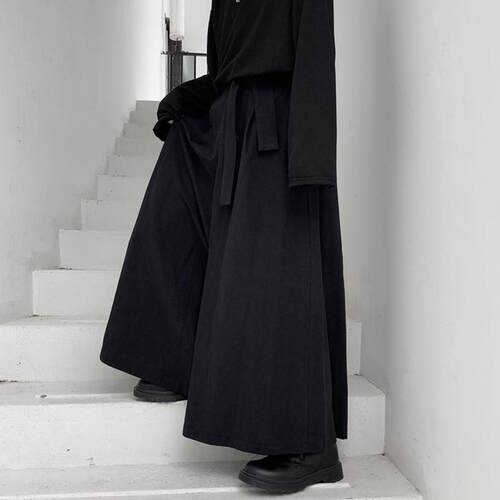 男士黑色绑带阔腿风裙裤