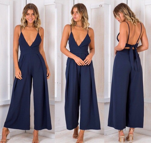 V领吊带露背连体阔腿裤