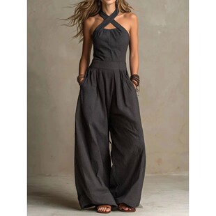 交叉挂脖镂空阔腿时尚宽松连体裤女Cross-over neckline jumpsuit