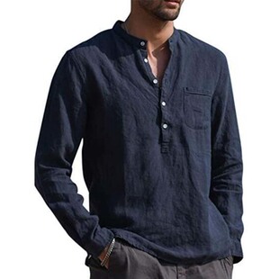 casual long 衬衫 V领休闲宽松长袖 neck shirt男士 Men sleeved