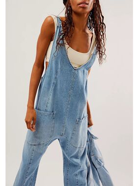 Workwear style denim overalls纯色宽松工装风牛仔连体背带裤女