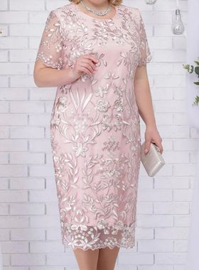Embroidered lace slim fitting dress圆领绣花蕾丝修身连衣裙女