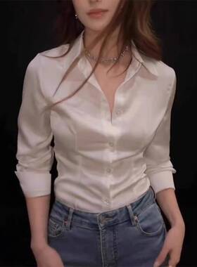 Light cooked French satin shirt女士轻熟法式设计白色缎面衬衫