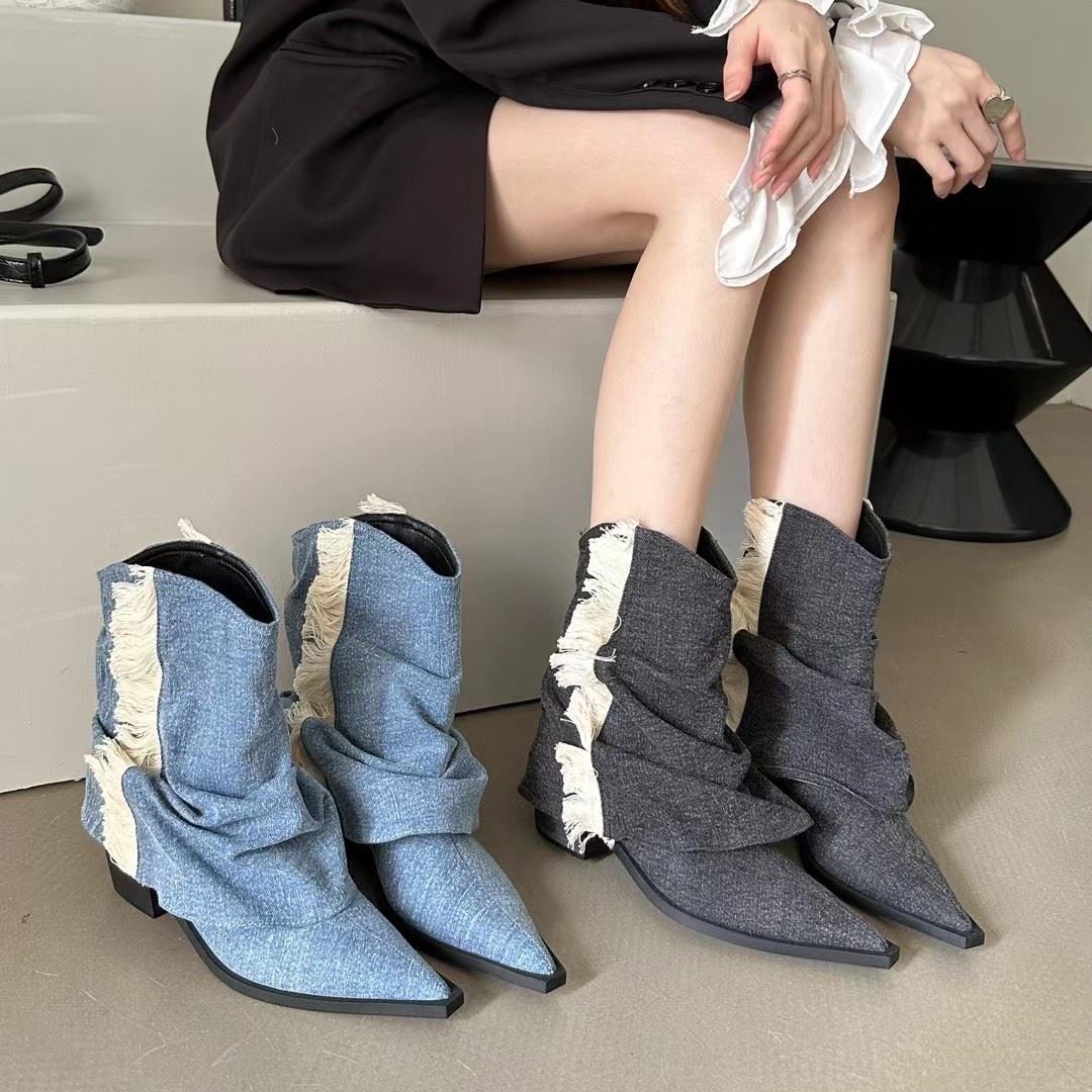女靴牛仔靴高跟复古尖头堆堆靴流苏短靴 WomenCowboy boots boots