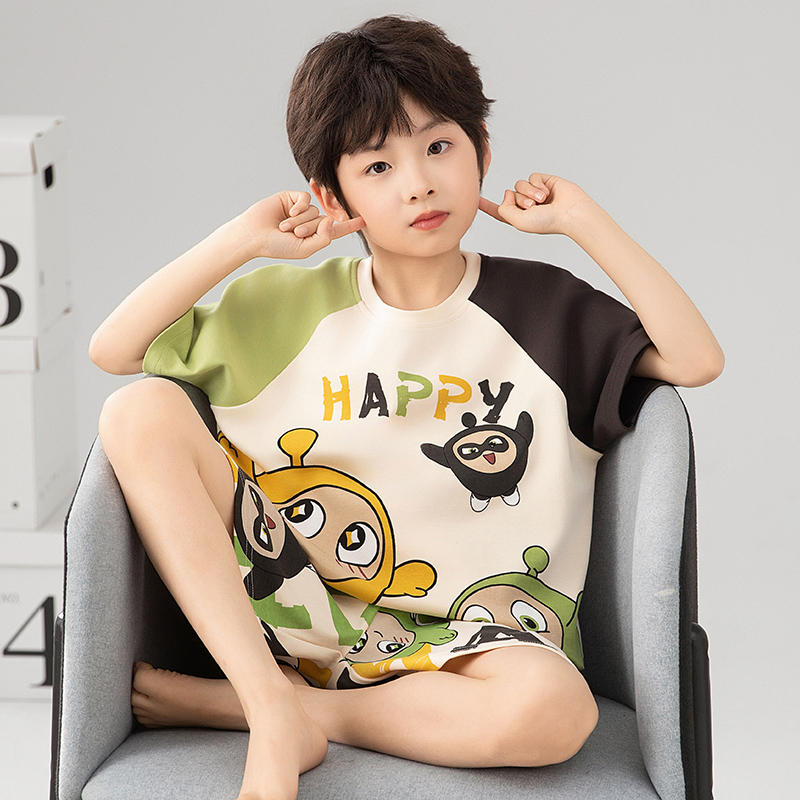 男童夏季短袖宽松睡衣套装2025款蛋仔派对男孩中大儿童纯棉家居服