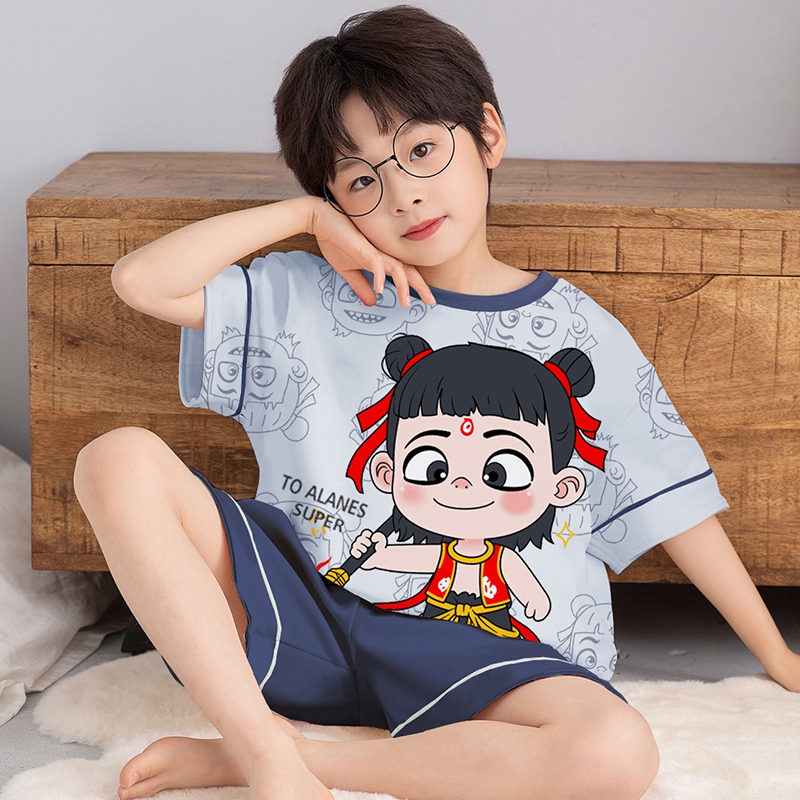 儿童家居服男童短袖纯棉睡衣薄款夏季中大童哪吒小男孩宝宝空调服