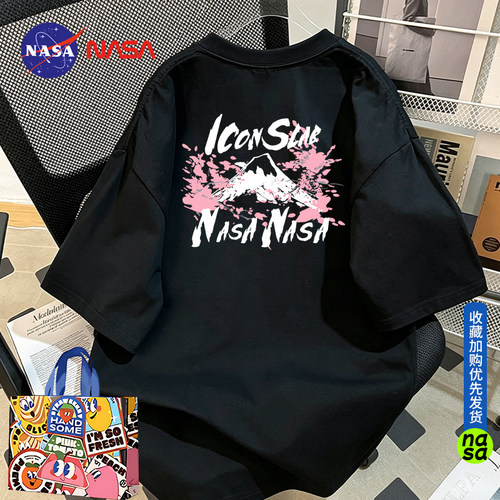 NASA美式高街富士山樱花印花短袖oversize情侣慵懒T恤男小众上衣