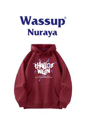 Wassup美式潮牌紫色恶魔连帽加绒卫衣男女同款情侣宽松帽衫外套