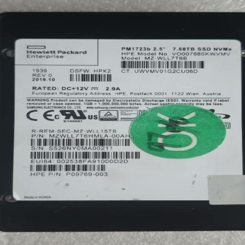 Hpe/惠普 7.68T pm1723b U.2接口 nvm