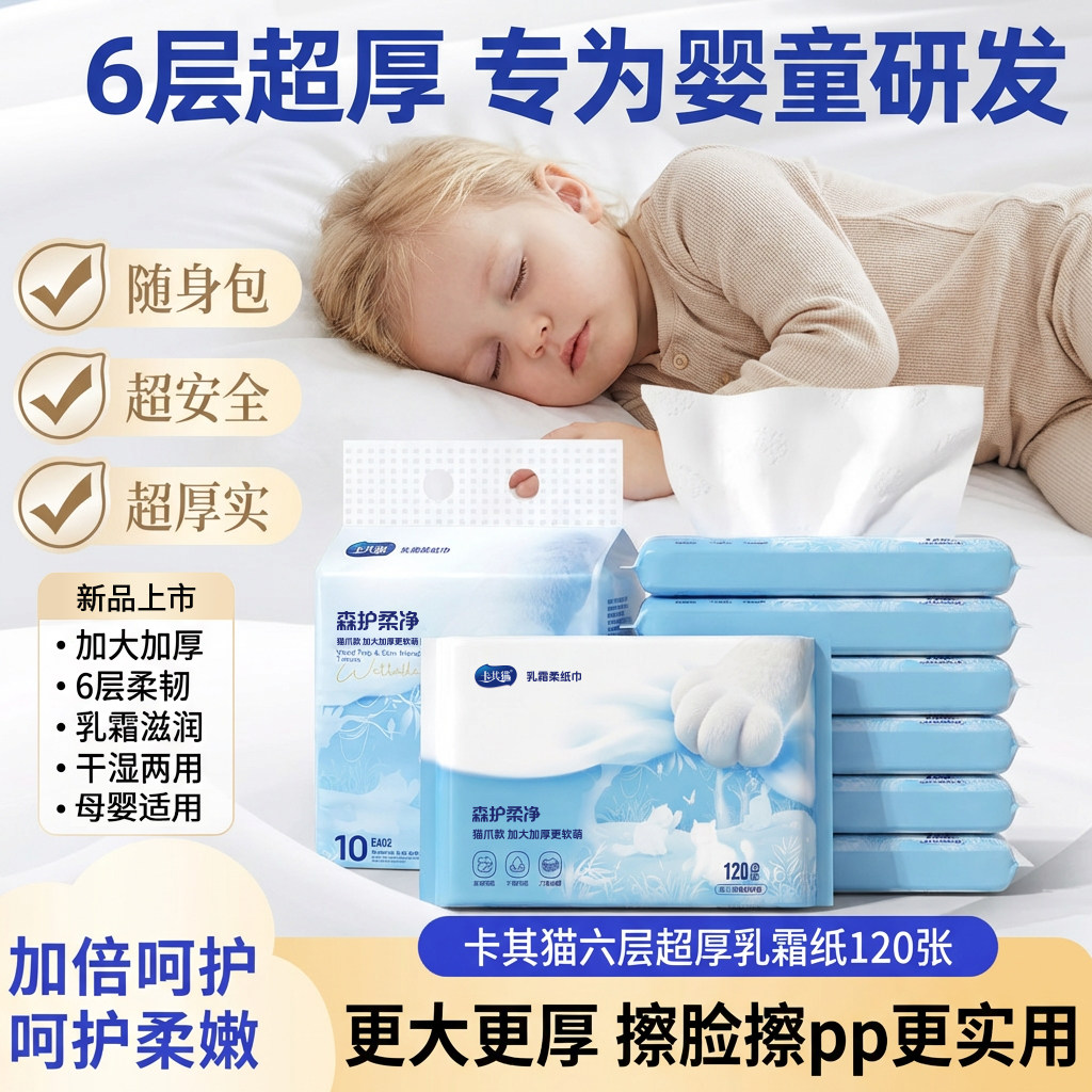卡其猫婴儿乳霜纸6层120张宝宝专用保湿纸巾原生木浆加大加厚