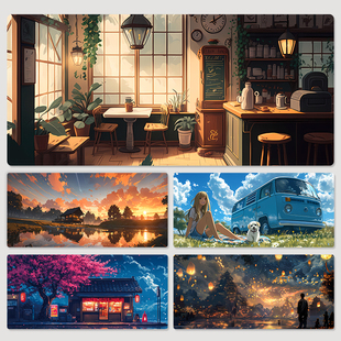 卡通风景画鼠标垫超大号办公电脑桌面垫治愈系风景键盘滑鼠垫电竞