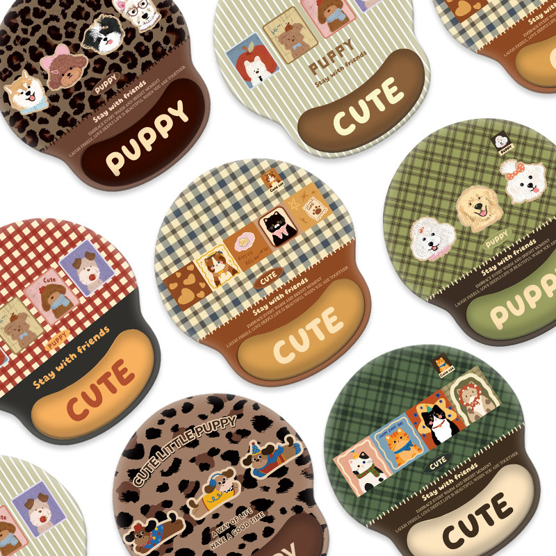 复古拼格小猫护腕鼠标垫可爱卡通办公学习电脑键盘枕套装硅胶手枕