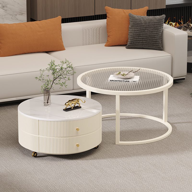 岩板茶几客厅家用简约现代小户型奶油风轻奢网红圆形玻璃桌子组合