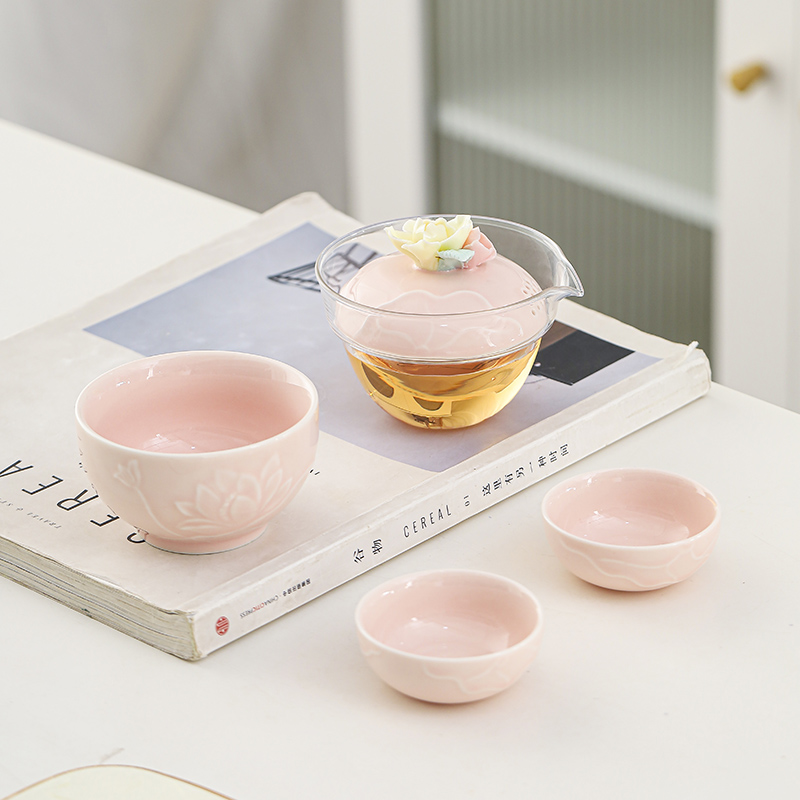 女旅行功夫茶具快客杯一壶2杯便携式玻璃盖碗套装户外简约泡茶壶