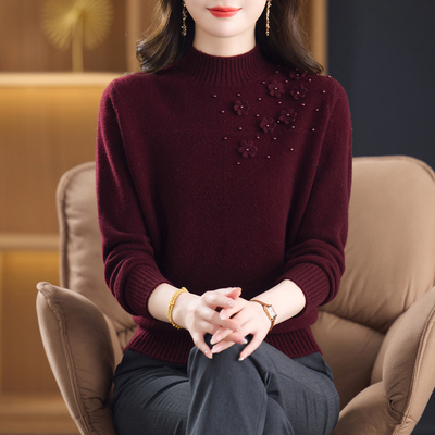 100纯羊毛衫女半高领加厚毛衣女秋冬2025新款妈妈宽松保暖打底衫