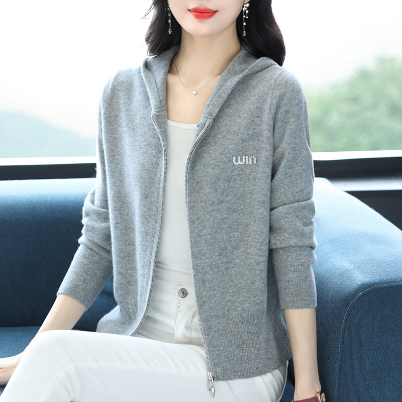 羊毛开衫女100%纯羊绒衫秋冬妈妈连帽卫衣2024新款针织外套上衣女