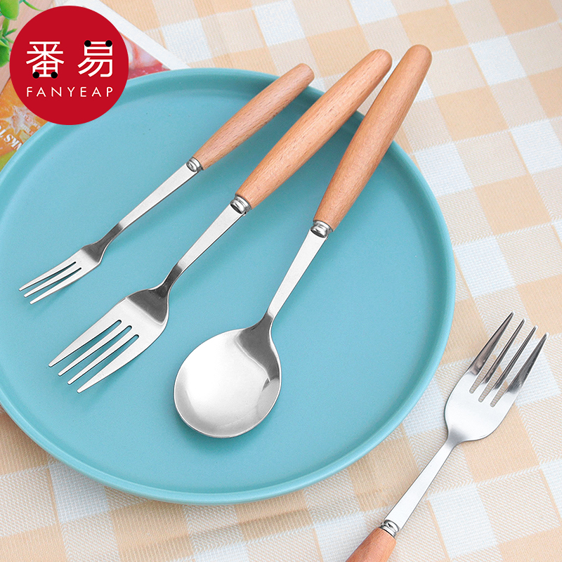 餐叉/木柄A1pq801-西餐叉勺子家用长柄叉子不锈钢餐具叉勺木柄