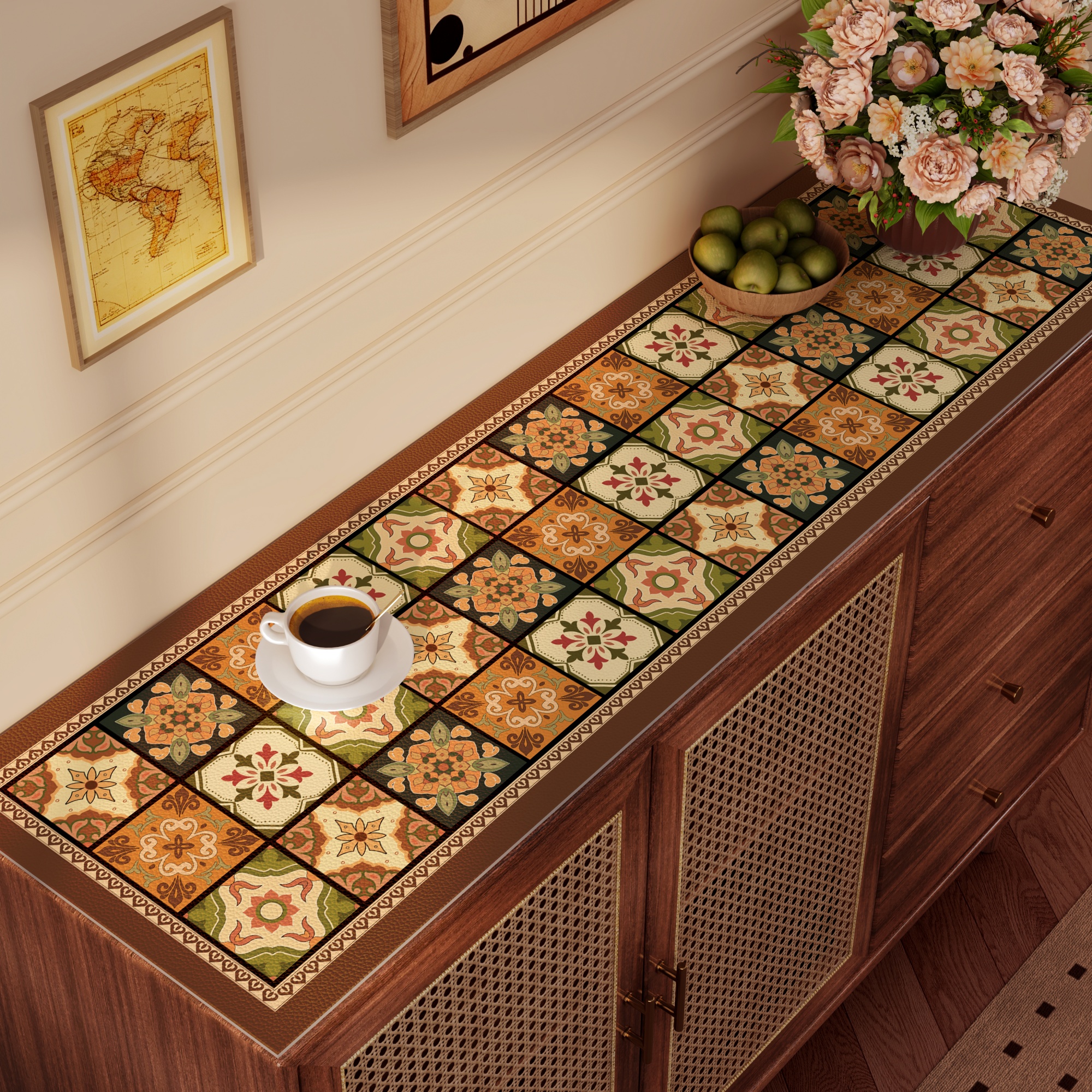 美拉德复古皮革电视柜桌垫2025餐边柜台面保护垫防水防油免洗桌布