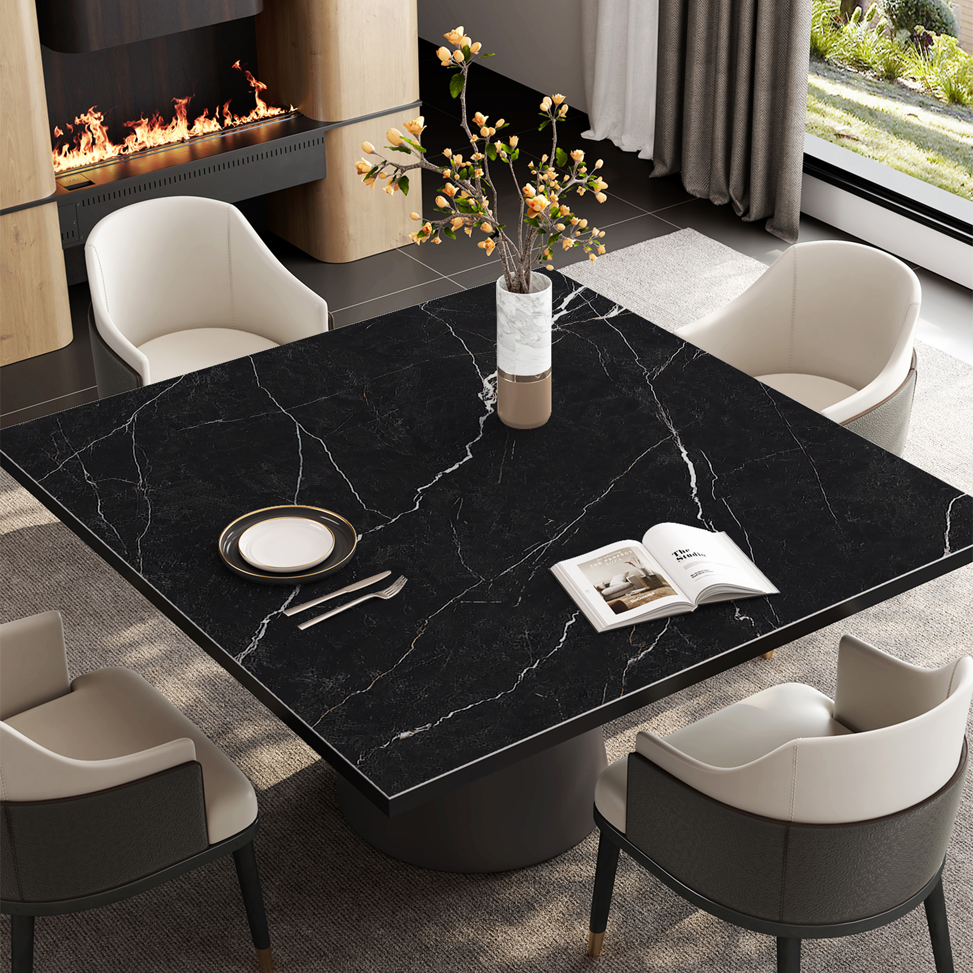 黑色大理石正方形桌垫防水防油防烫免洗方桌布餐桌垫四方桌茶几垫