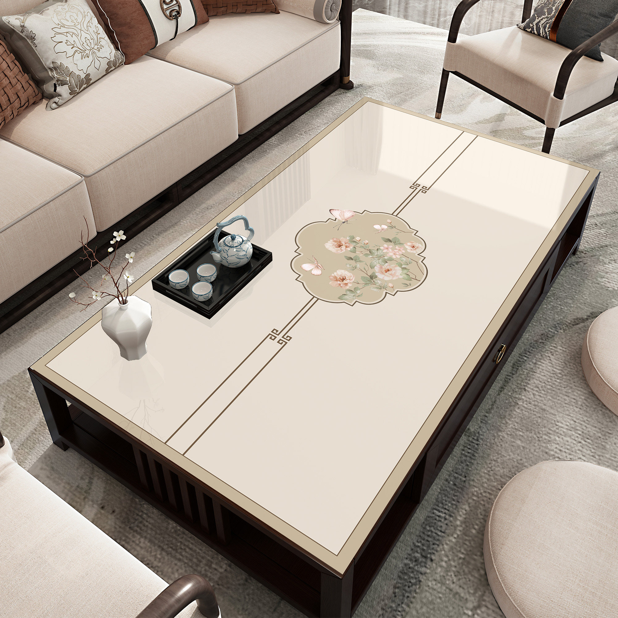 新中式茶几垫防水防油防烫免洗pvc餐桌垫家用软玻璃实木茶桌垫子,居家布艺,桌布,淘宝优惠券,粉丝福利购,淘宝优惠卷