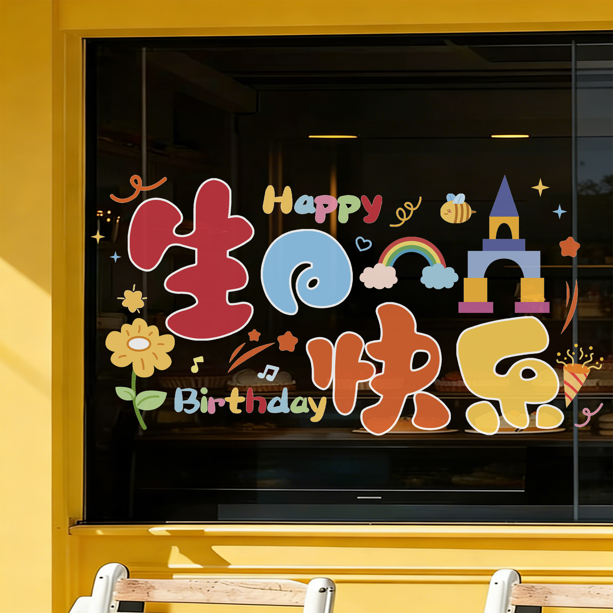 HappyBirthday生日快乐玻璃贴纸橱窗装饰品门窗贴静电贴透明墙贴图片