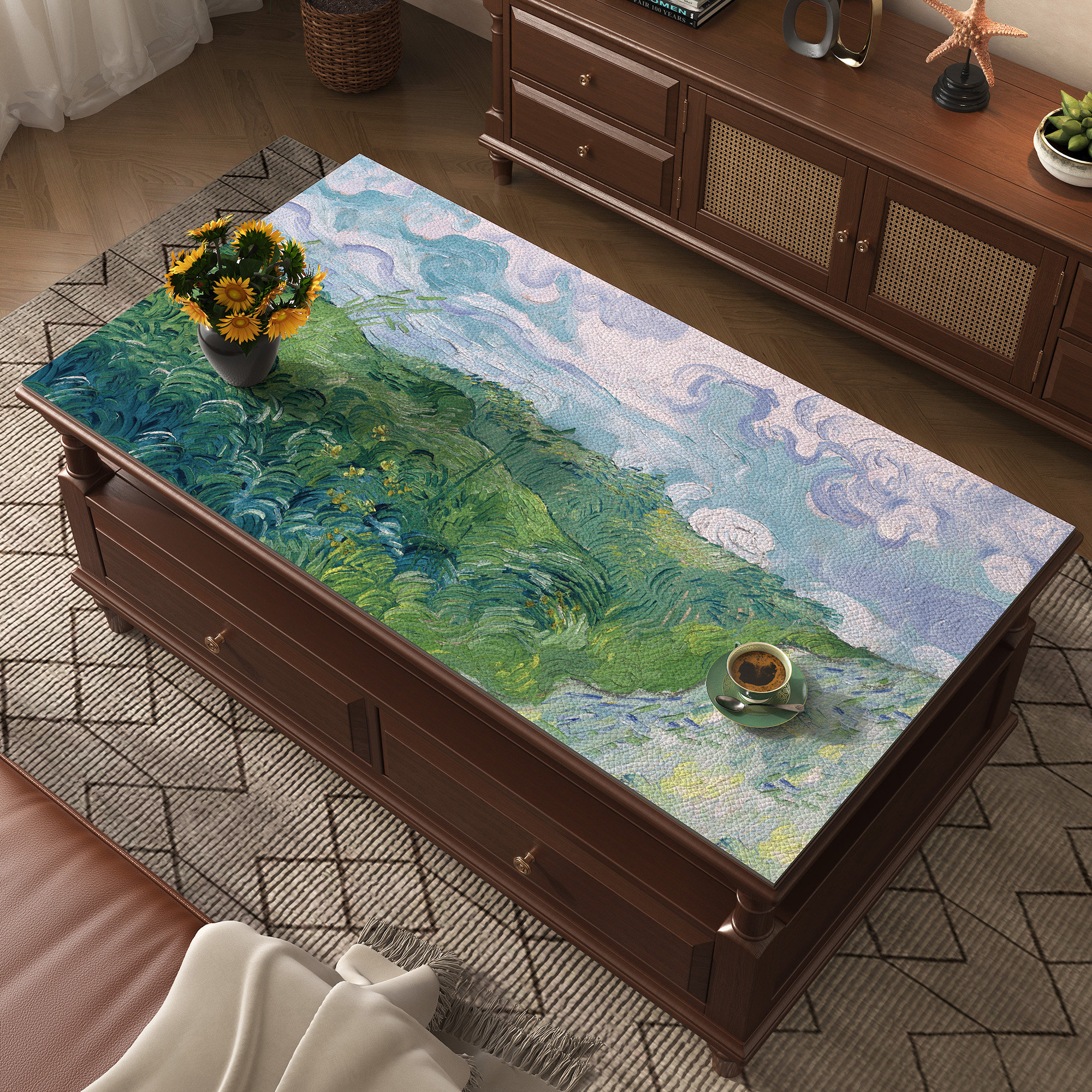 梵高油画风茶几桌布防水防油pvc餐桌垫轻奢高级感客厅茶几布桌布,居家布艺,桌布,淘宝优惠券,粉丝福利购,淘宝优惠卷