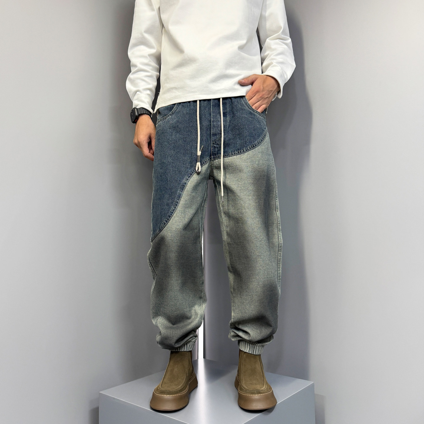 2025早秋新款美式哈伦裤潮流拼接束脚裤撞色复古痞帅修身牛仔裤男,男装,牛仔裤,淘宝优惠券,粉丝福利购,淘宝优惠卷