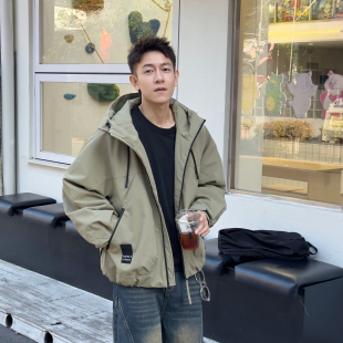 宽松连帽加棉夹克拉链口袋棉衣外套 拼接夹棉冲锋衣情侣款 冬季 新款