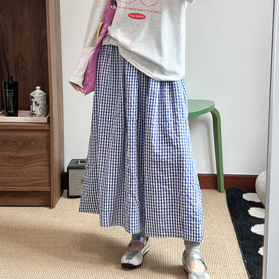 winimini格子半身裙小个子夏韩系简约学院风休闲高腰松紧长半裙女